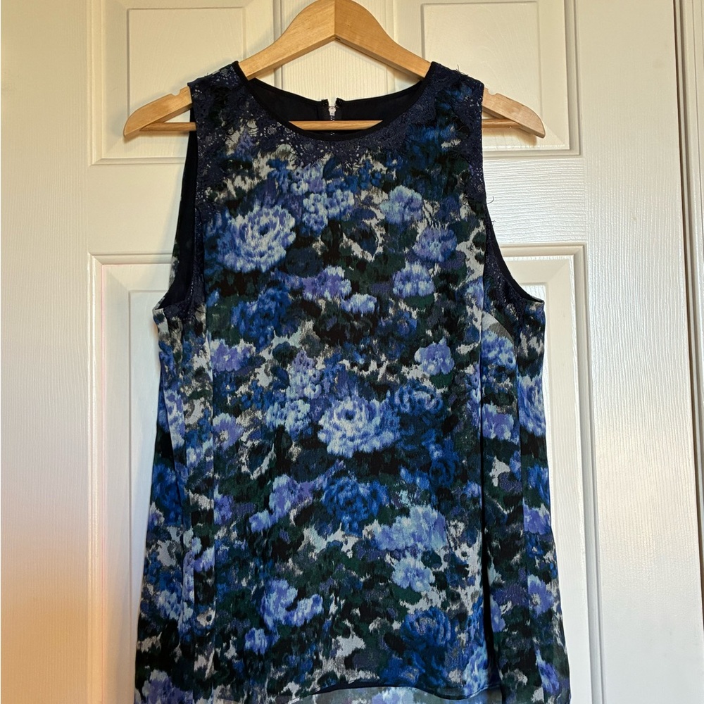 Adrianna Papell Blue and Black Floral Blouse With Black Lace Accents - Picture 1 of 7